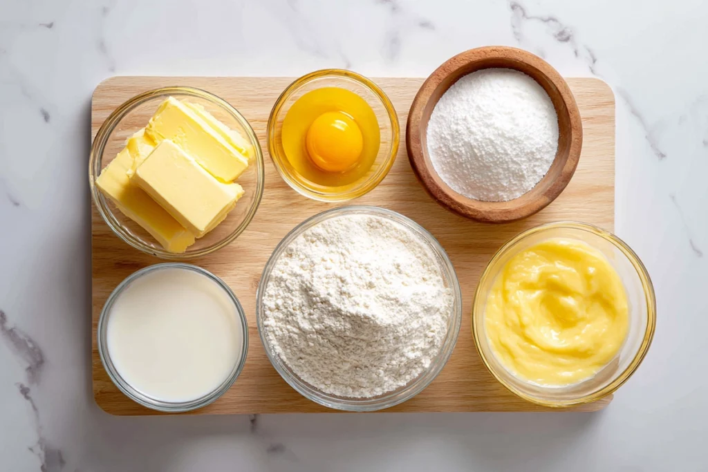 Overhead photo of ingredients for Japanese Milk Bread Dinner Rolls including flour, milk, butter, and yeast arranged on a wooden board.