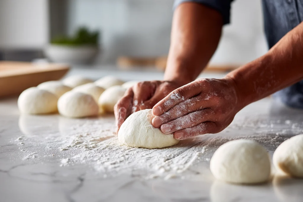 Hands shaping dough balls for Japanese Milk Bread Dinner Rolls on a floured countertop under natural light.