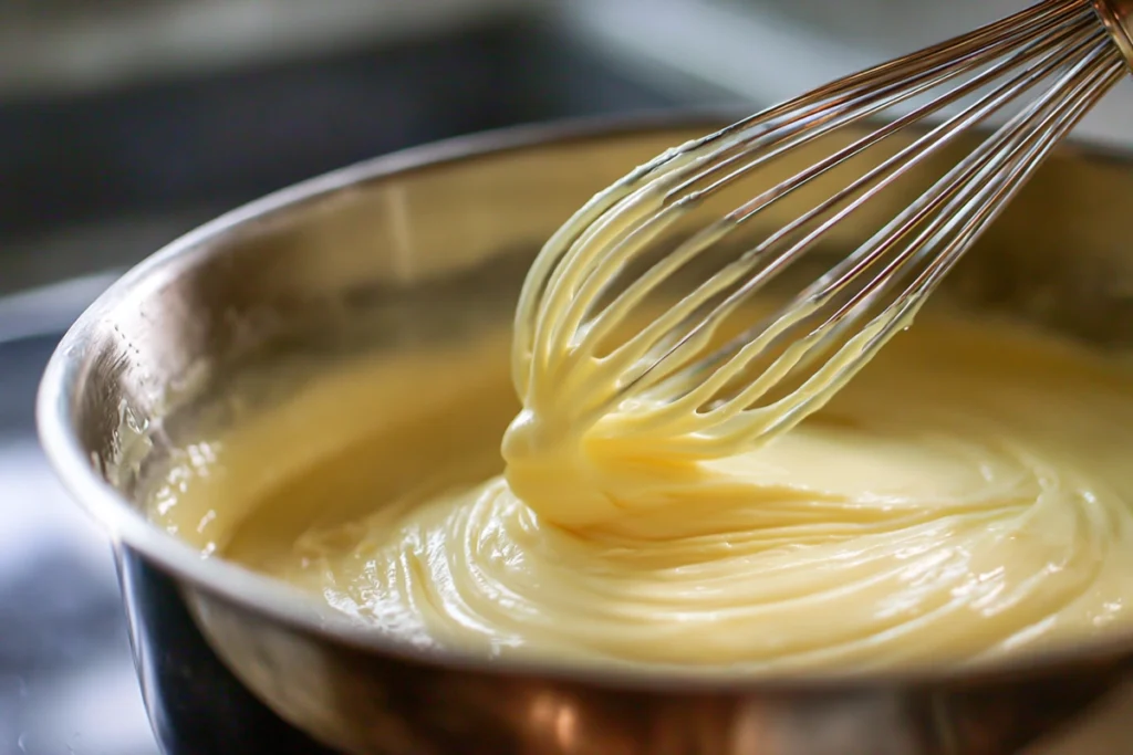 Close-up of tangzhong paste being whisked for Japanese Milk Bread Dinner Rolls in a modern kitchen