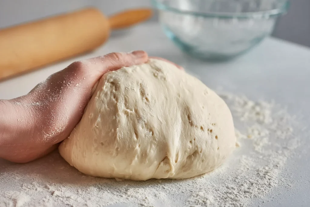 Close-up of smooth Amish white bread dough on floured countertop in daylight