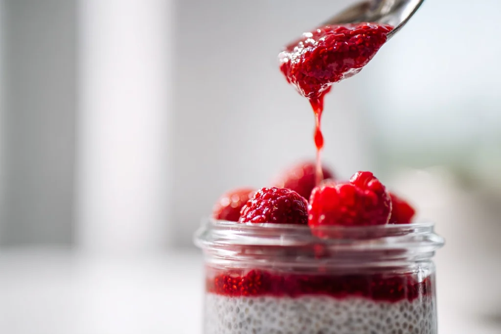 Layering Raspberry Chia Pudding with mashed raspberries in a glass jar