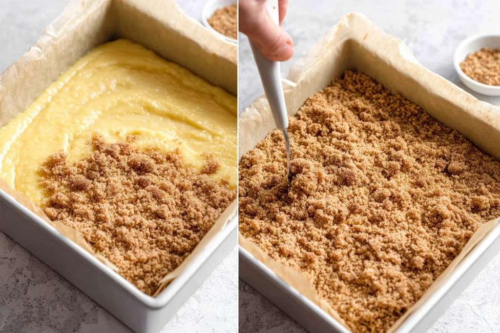 layering cinnamon streusel on coffee cake batter in baking pan