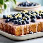 photorealistic lemon blueberry sheet cake with lemon glaze and fresh berries on white plate