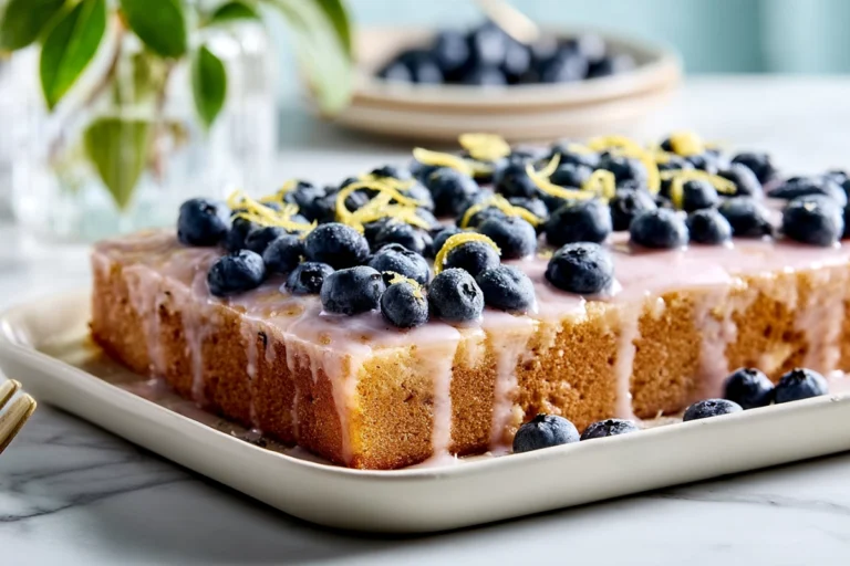 photorealistic lemon blueberry sheet cake with lemon glaze and fresh berries on white plate