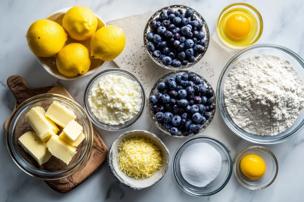 top view of lemon blueberry sheet cake ingredients arranged in glass bowls on marble counter