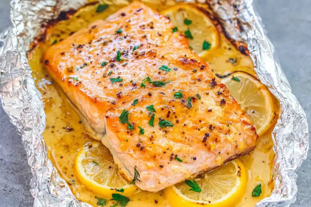 Sheet Pan Lemon Garlic Butter Salmon That Actually Stays Juicy 29 Sheet Pan Lemon Garlic Butter Salmon baked in foil with lemon slices and parsley