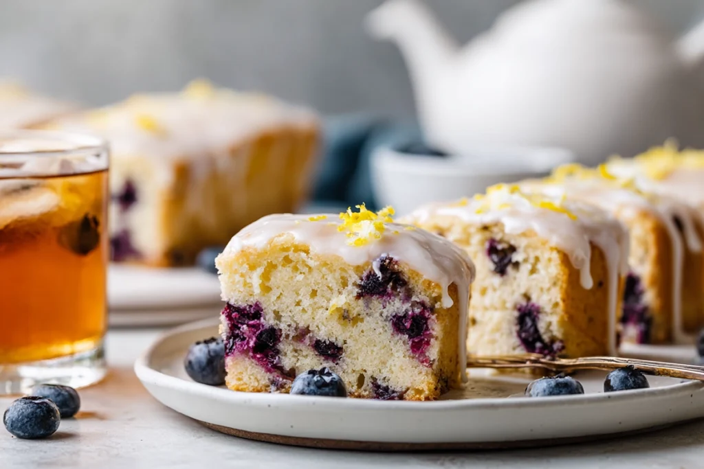 slices of lemon blueberry sheet cake with lemon glaze served on white plate