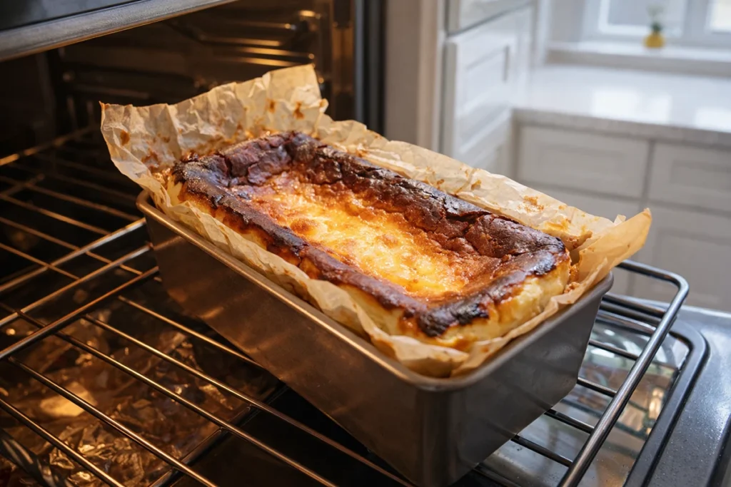 Loaf Pan Basque Cheesecake baking with dark caramelized top and parchment overhang