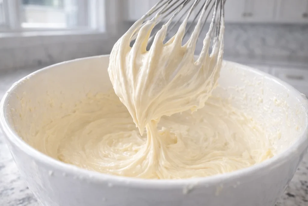Smooth cream cheese batter for Loaf Pan Basque Cheesecake in a mixing bowl