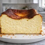 Slice of Loaf Pan Basque Cheesecake on a white plate with a dark caramelized top and creamy center