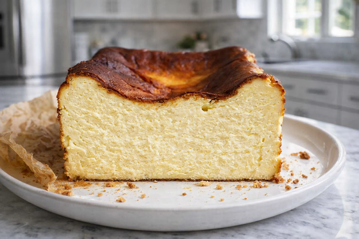 Slice of Loaf Pan Basque Cheesecake on a white plate with a dark caramelized top and creamy center