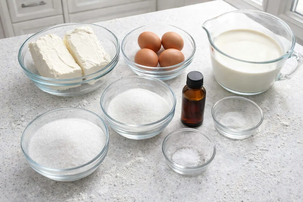 Ingredients for Loaf Pan Basque Cheesecake arranged in glass bowls on a quartz counter