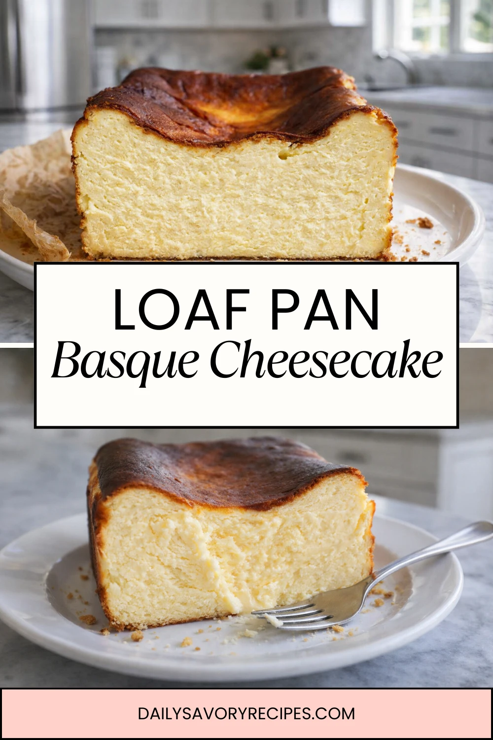 Slice of Loaf Pan Basque Cheesecake with dark caramelized top and creamy custard center on a white plate in a bright home kitchen