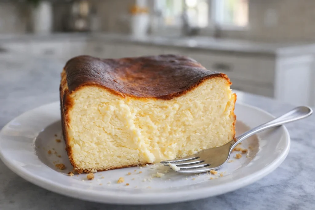 Close-up of creamy center inside a slice of Loaf Pan Basque Cheesecake