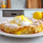 golden magic lemon cobbler with powdered sugar and lemon zest on modern countertop