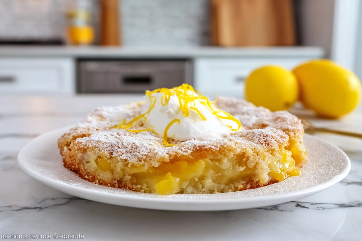 golden magic lemon cobbler with powdered sugar and lemon zest on modern countertop