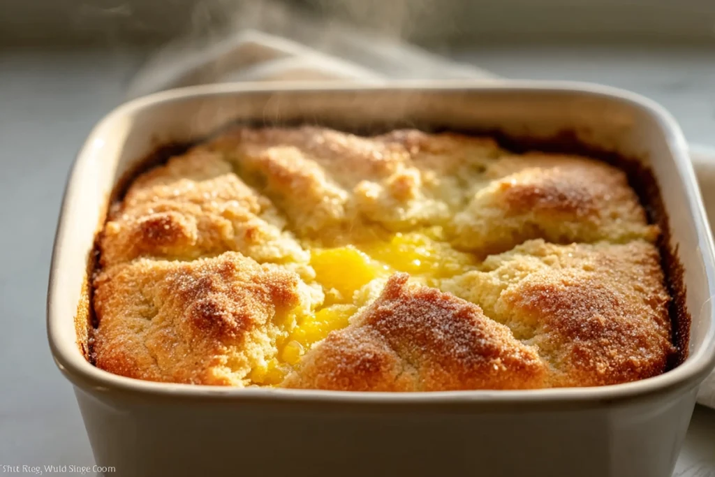 freshly baked magic lemon cobbler with golden crust and bubbling lemon filling in bright kitchen