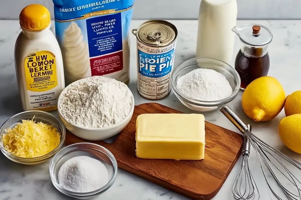overhead shot of magic lemon cobbler ingredients in glass bowls and wooden board with lemons and butter