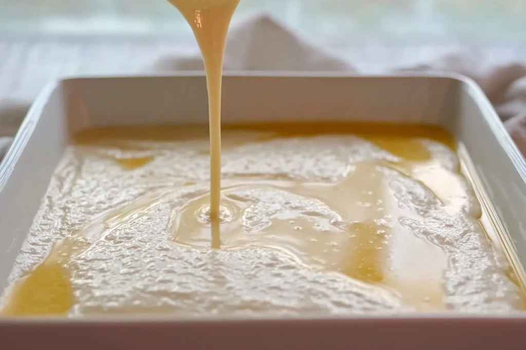 close-up of magic lemon cobbler batter being poured over melted butter in baking dish