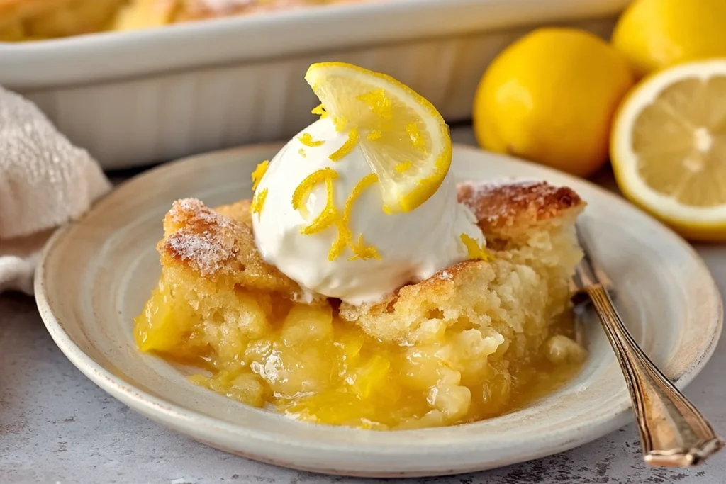 plated serving of magic lemon cobbler topped with melting vanilla ice cream and lemon zest
