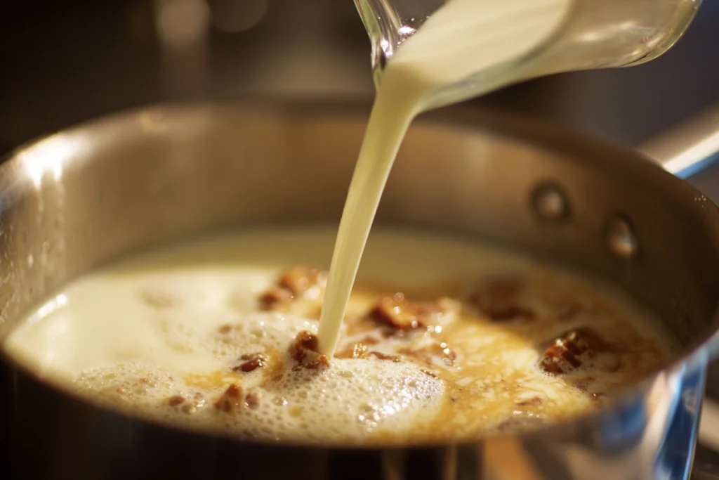 close-up of creamy sauce being prepared for beef pasta in modern kitchen