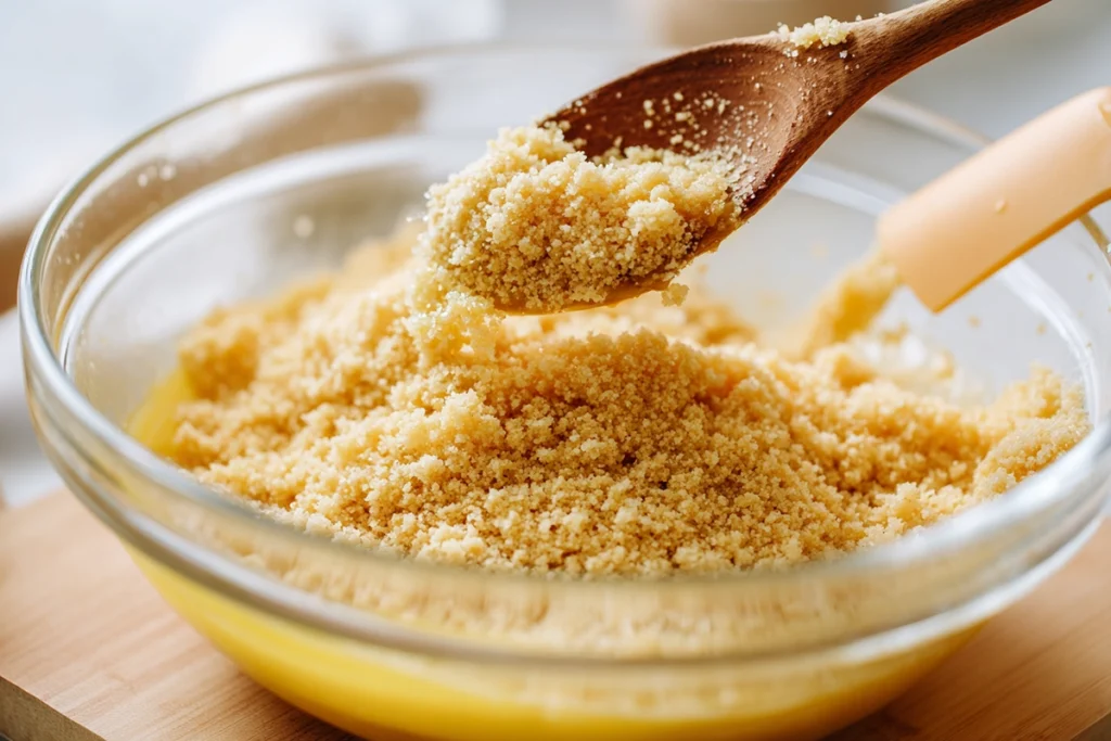 close-up of vanilla wafer crust mixture for no-bake banana pudding cheesecake