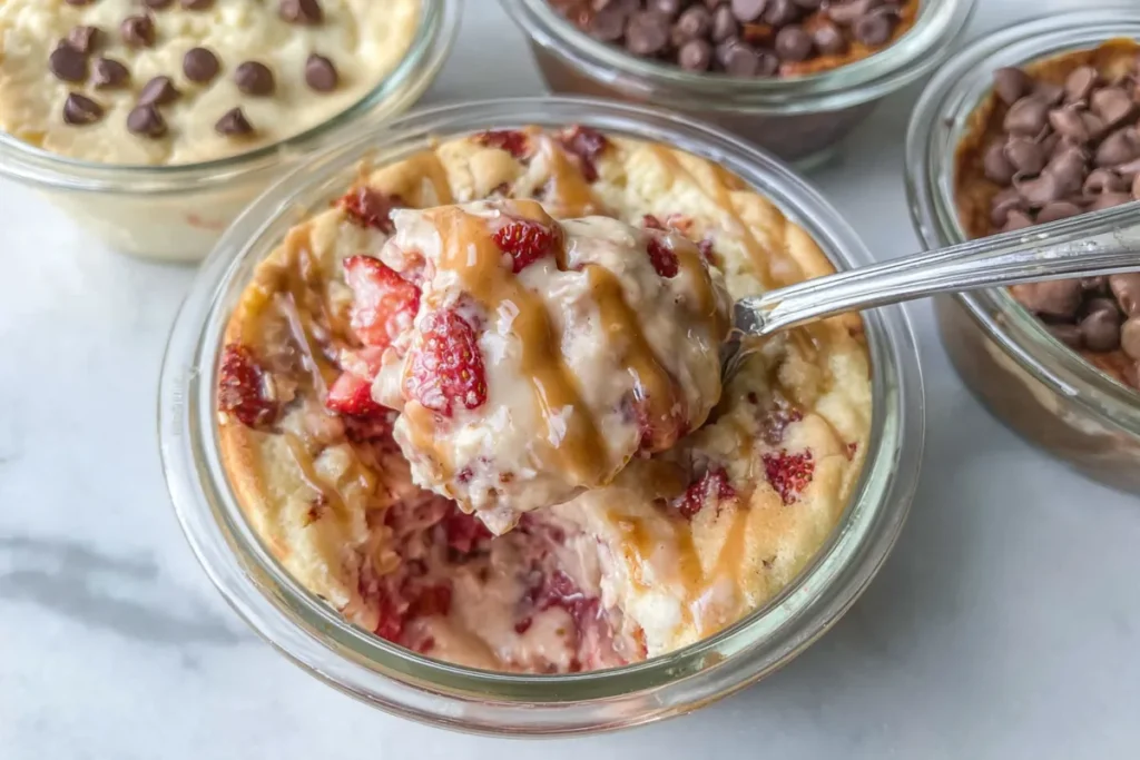 Baked Protein Pancake Bowls meal prep breakfast with berries peanut butter and spoon in a glass bowl