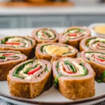 close-up of meat roll ups filled with cheese and vegetables on a modern kitchen counter
