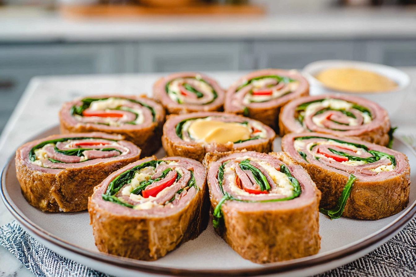 close-up of meat roll ups filled with cheese and vegetables on a modern kitchen counter