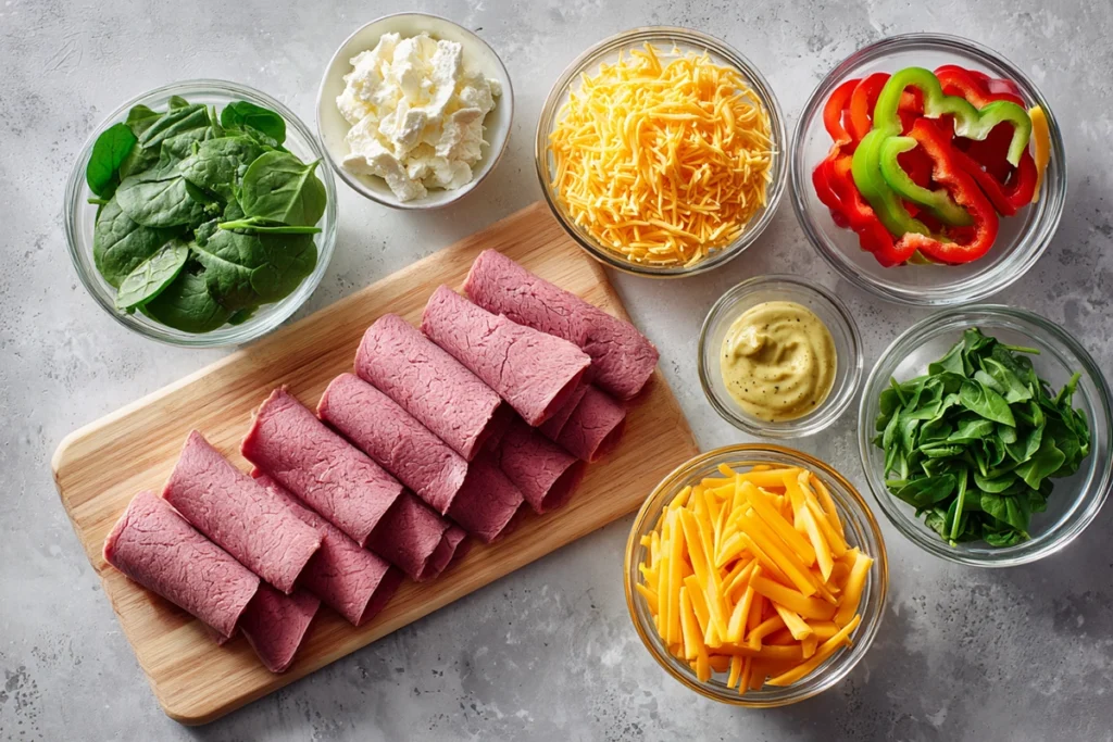 overhead image of meat roll ups ingredients including beef, cheese, bell pepper, and spinach
