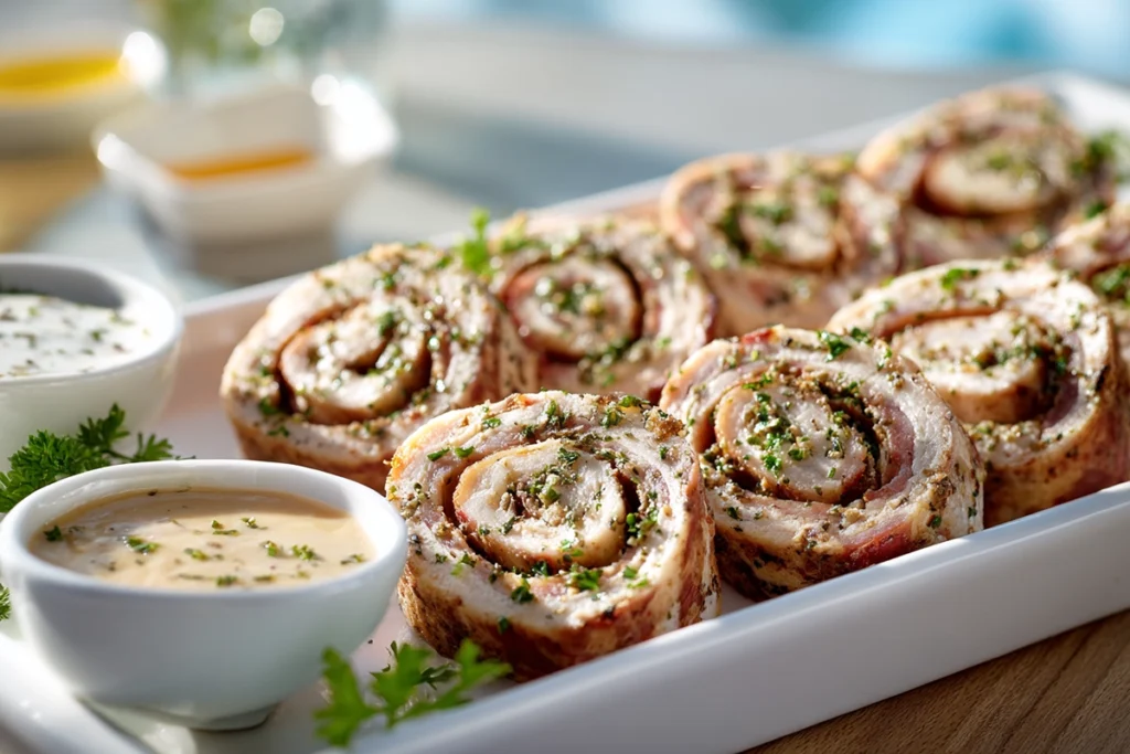 platter of sliced meat roll ups with dipping sauces served on a modern countertop