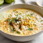 bowl of creamy mexican street corn soup with cotija cheese, cilantro, and lime garnish