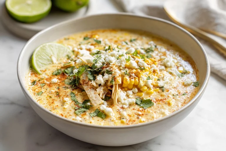 bowl of creamy mexican street corn soup with cotija cheese, cilantro, and lime garnish
