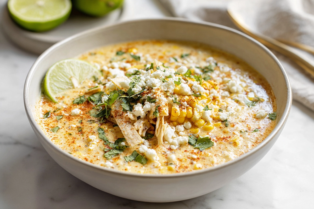 bowl of creamy mexican street corn soup with cotija cheese, cilantro, and lime garnish