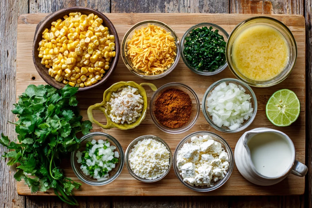 flat lay of ingredients for mexican street corn soup including corn, peppers, spices, and cotija cheese