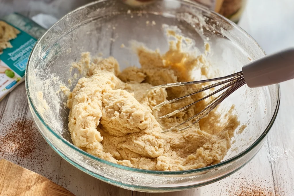 close-up of apple snickerdoodle bar dough mixed with diced apples in a glass bowl