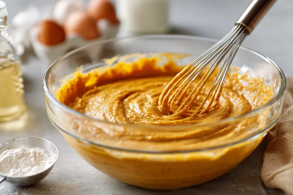 Cozy Cinnamon Swirl Pumpkin Bread Minis – Your Perfect Fall Treat 8 whisking pumpkin bread mini batter with pumpkin puree and sugar in glass bowl