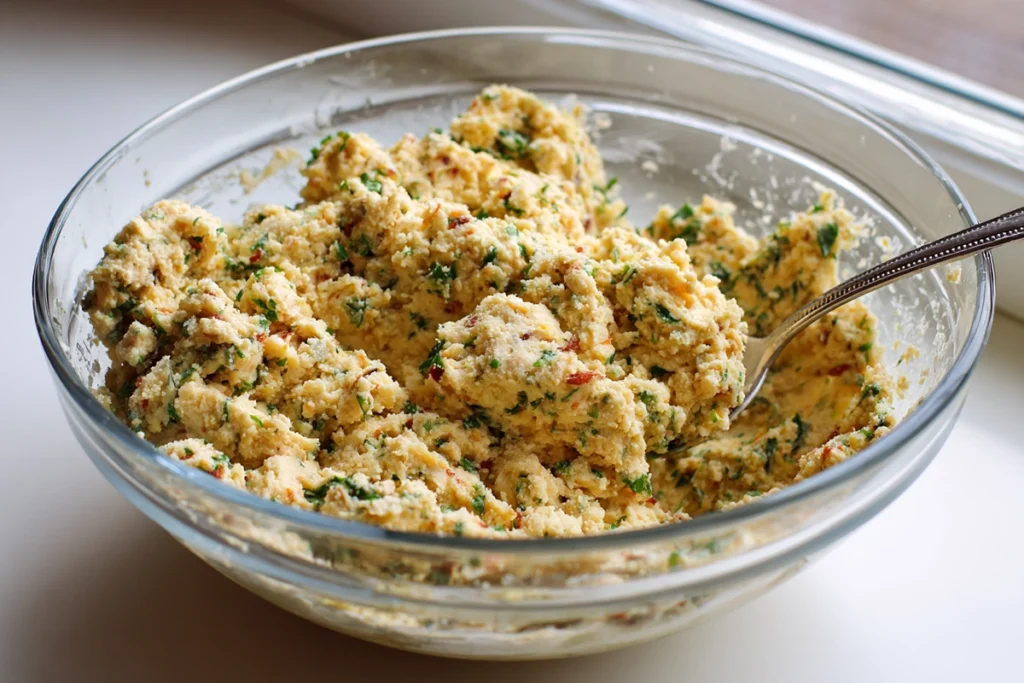 mixing bowl filled with garlic parmesan chicken meatloaf ingredients under natural light in modern kitchen