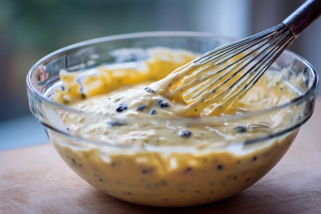 close-up of lemon blueberry sheet cake batter with zest and blueberries in a glass bowl