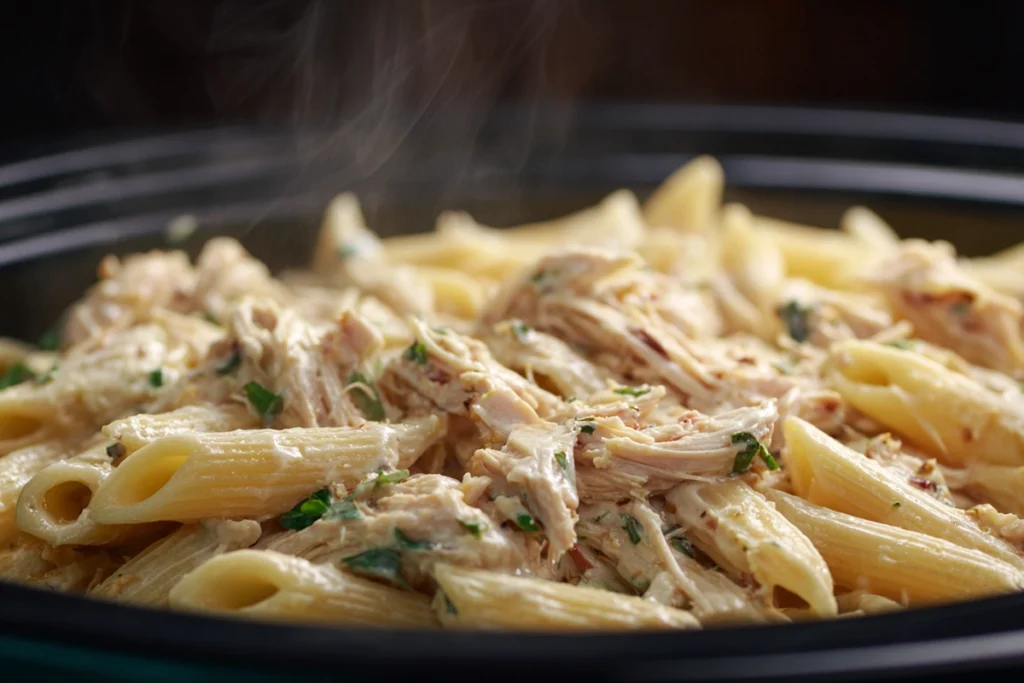 Mixing penne pasta with creamy sauce and shredded chicken for slow cooker Olive Garden chicken pasta