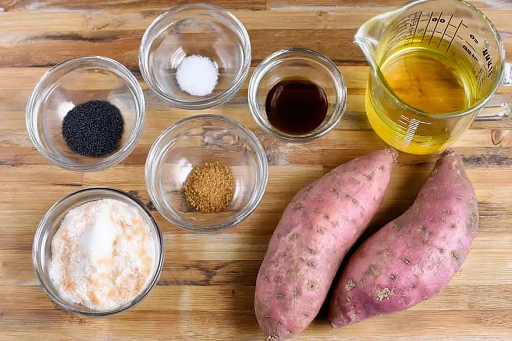Daigaku Imo (Japanese Candied Sweet Potatoes) at Home 29 Daigaku Imo ingredients with Japanese sweet potatoes, oil, sugar, soy sauce, mirin, rice vinegar, and sesame seeds