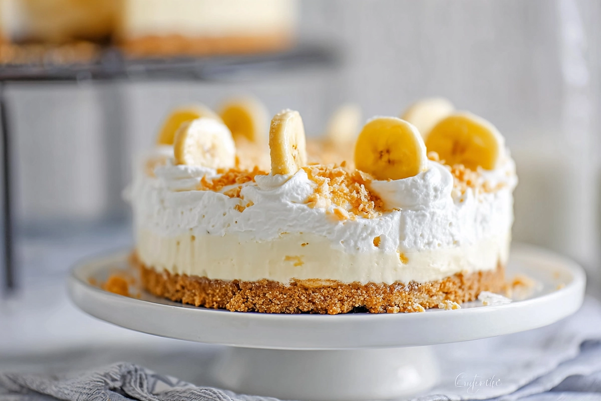 creamy no-bake banana pudding cheesecake on marble counter in natural light