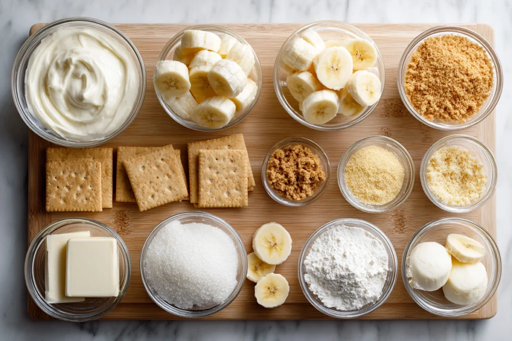 overhead view of ingredients for no-bake banana pudding cheesecake arranged on wood and marble