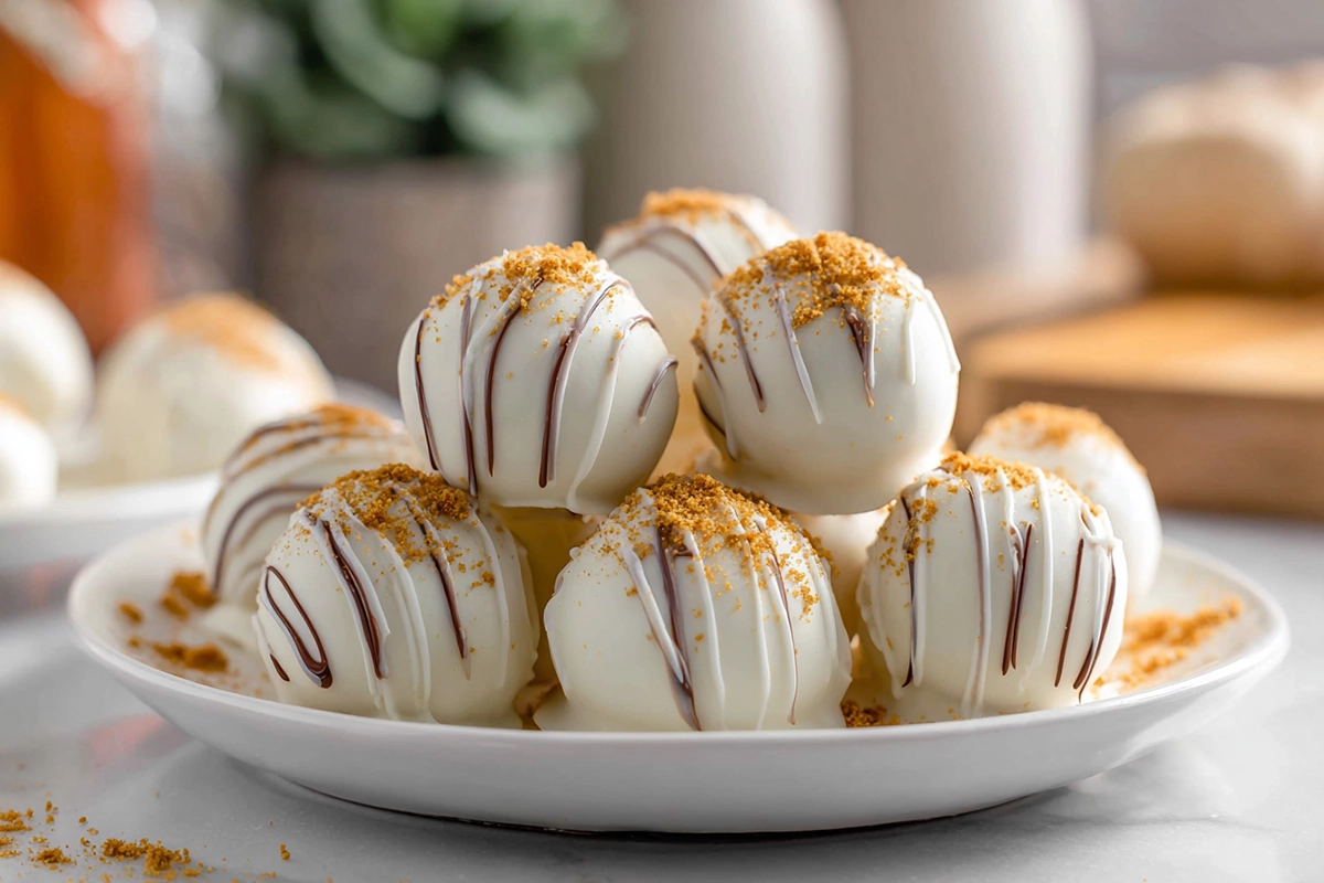 finished no-bake pumpkin cheesecake balls on plate in modern kitchen with natural daylight