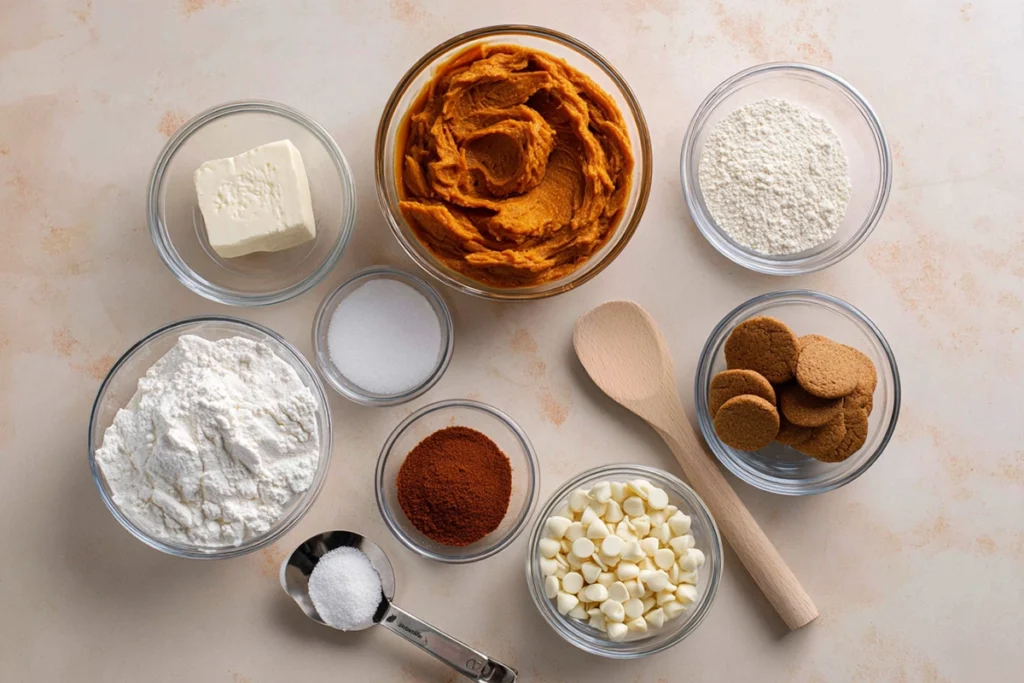 overhead shot of ingredients for no-bake pumpkin cheesecake balls on marble counter in glass bowls