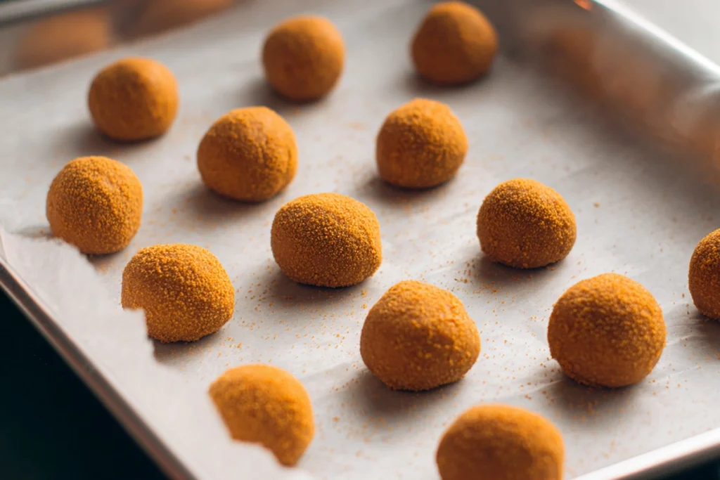 tray of freshly rolled no-bake pumpkin cheesecake balls ready for coating under natural light