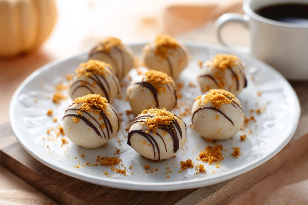 serving board with finished no-bake pumpkin cheesecake balls beside coffee cup in modern kitchen