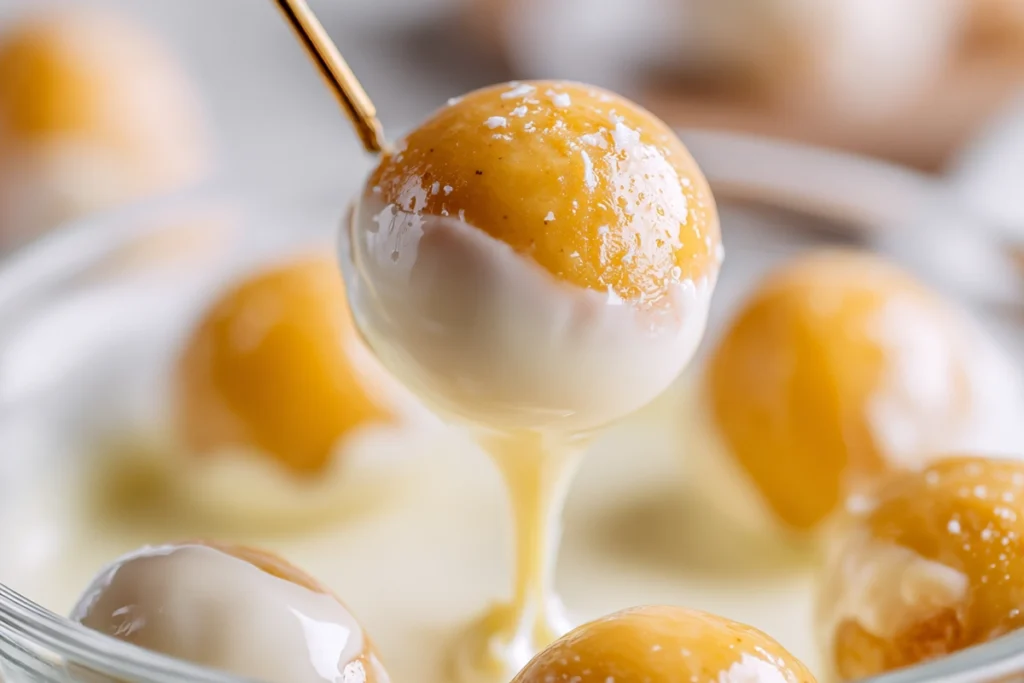 close-up macro of no-bake pumpkin cheesecake ball being dipped in melted white chocolate