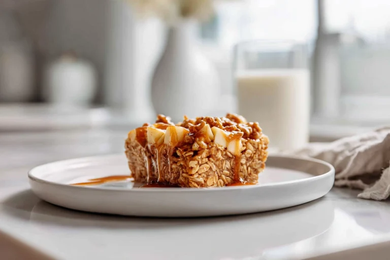Photorealistic oatmeal apple breakfast bake on a plate with golden oats, diced apples, and maple drizzle in a modern kitchen setting.