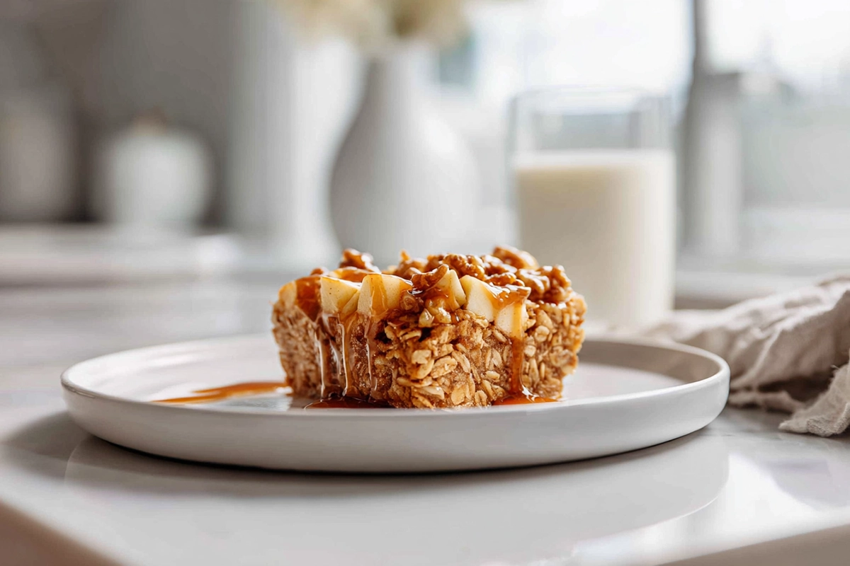 Photorealistic oatmeal apple breakfast bake on a plate with golden oats, diced apples, and maple drizzle in a modern kitchen setting.
